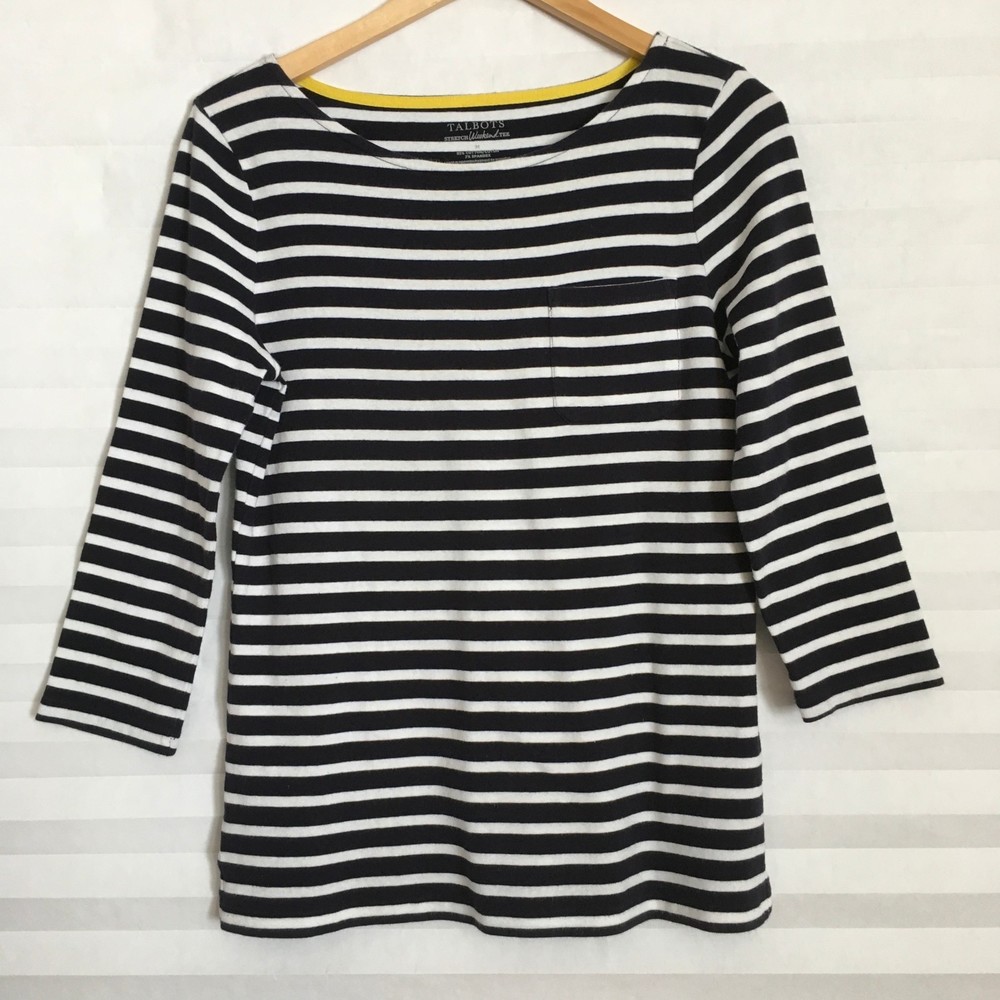 Talbots Womens Stretch Weekend Tee Top Size M Cotton Blend Long Sleeve Striped